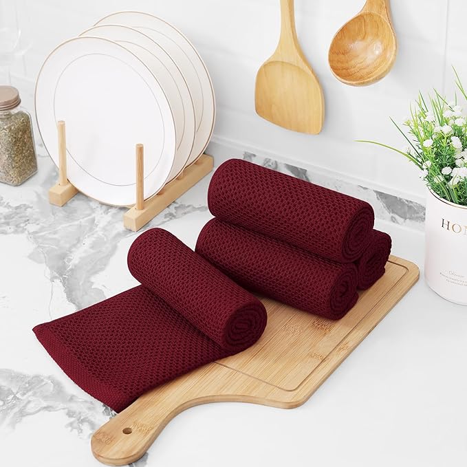 Kitinjoy 100% Cotton Waffle Weave Kitchen Hand Towels (13 X 28 Inches, Burgundy), 4-Pack Super Soft and Absorbent Dish Towel for Drying Dishes
