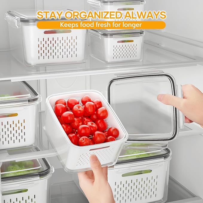 6 PCS Fruit Storage Containers for Fridge with 6 Removable Colanders, BPA Free Food Storage Containers, Dishwasher & Microwave Safe Produce Containers Keep Fruits, Vegetables, Berry, Meat Fresh Longer