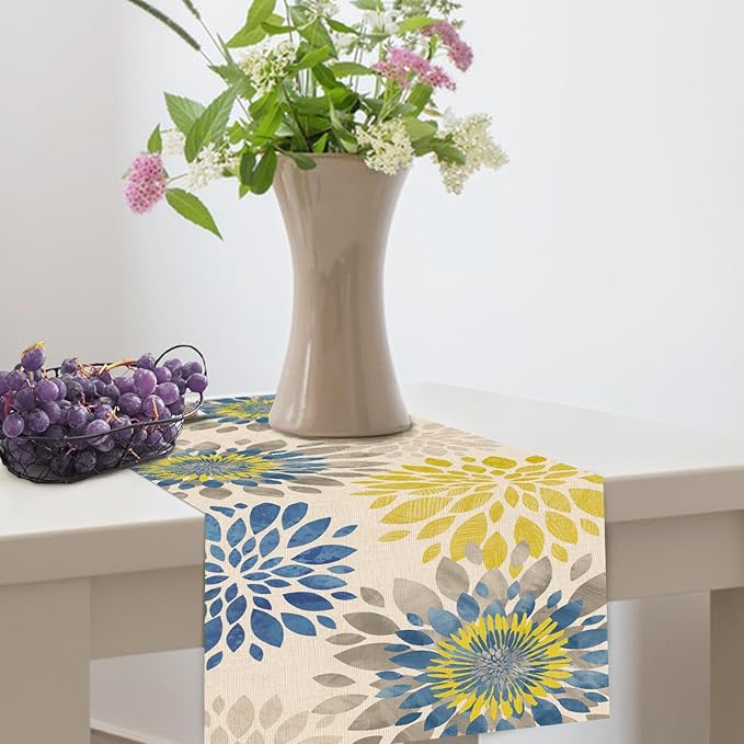 Geometric Dahlia Flower Dining Table Runner, Blue Yellow Floral Modern Art Burlap Kitchen Decoration, Spring Summer Farmhouse Indoor Outdoor Home Decor Party Supply 13 x 36 Inches