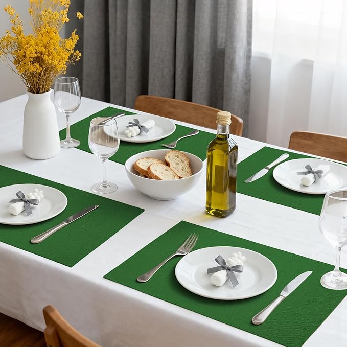 Placemats Set of 6 Linen Type Fabric Cloth Placemats, 18x12 Inch Double Layered Thick Wrinkle Free Heat Resistant Table Place, for Dining, Kitchen, Party (45 * 30cm, Dark Green)