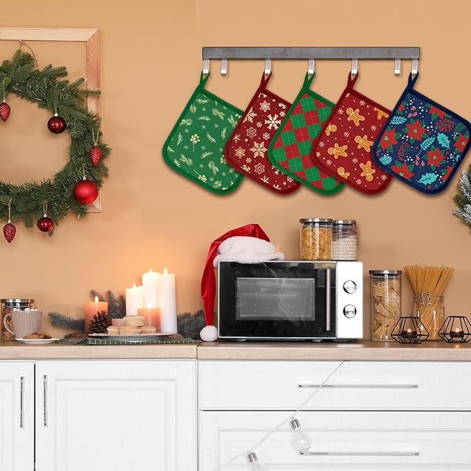 Bencailor 12 Pcs Pot Holders with Pocket Kitchen Hot Potholders Hot Pad Oven Mitts Cookie Bag Oven Gloves for Kitchen Gift Baking Cooking(Red and Green,Christmas)