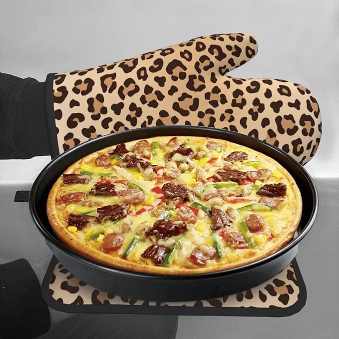 Leopard Print Oven Mitts and Pot Holders Animal Skin Heat Resistant Oven Mitts Safe for Baking Cooking BBQ