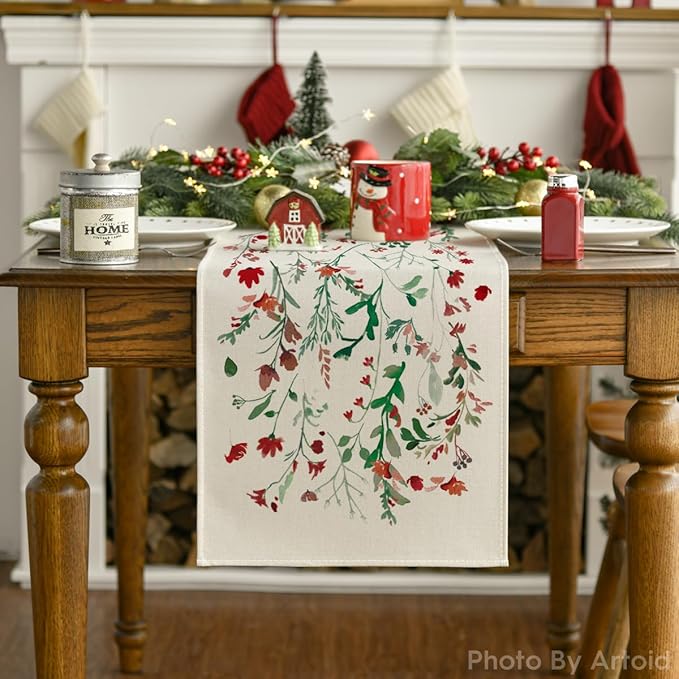 Artoid Mode Floral Leaves Christmas Table Runner, Wild Flowers and Grasses Winter Kitchen Dining Table Decoration for Home Party Decor 13x72 Inch