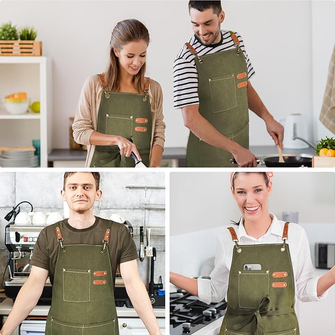 OUNLEN Chef Apron for Men Women Canvas Aprons with 3 Pockets Cross Back Resistant Work Apron for Cooking