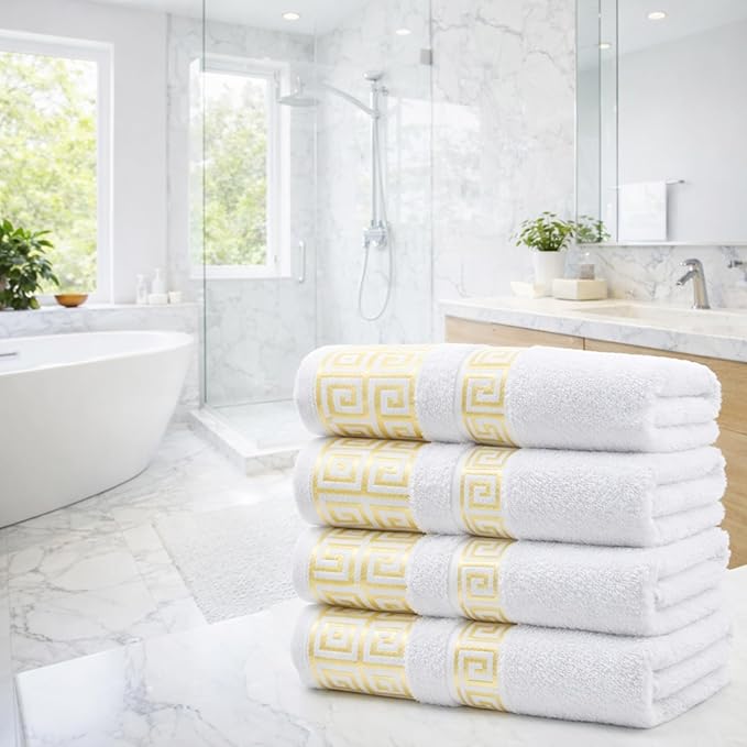 Luxury 4 Piece Bath Towel Set with Greek Key Design - 100% Cotton Soft & Absorbent Bathroom 27x54 in Extra Large Towels - Quick Dry, Plush & Durable - White Towels Set for Home, Spa & Hotel Use AA2