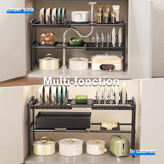 Mustorn Pots and Pans Organizer Under Cabinet, Expandable 2 Tier Under Sink Organizers and Storage Adjustable Height Kitchen Pot and Pan Lid Holder Rack with 12 Dividers Under Cabinet Shelf(Black)