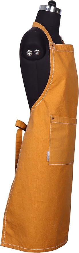 AMOUR INFINI Cotton Solid Aprons for Women with Pocket, Adjustable Strap and Waist Ties Washed Chef Aprons for Cooking, Baking and Gardening (27.5 x 33 Inches - Yellow)
