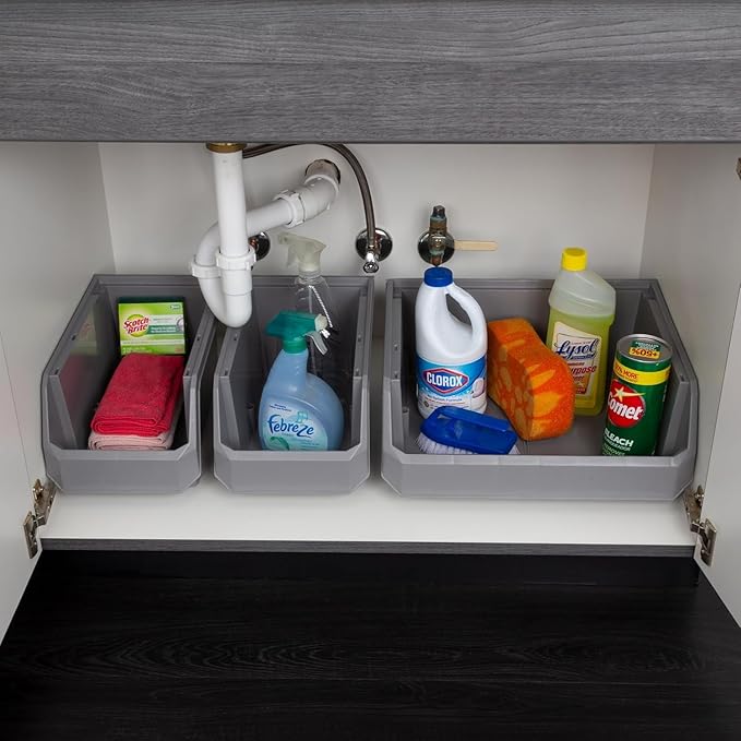 ReadySpace Plastic Containers for Organizing and Storage Bins for Closet, Kitchen, Office, Garage or Pantry Organization, Stackable Bins, Extra Large (14.8" x 16.5" x 7"), 4-Pack, Grey
