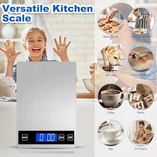 Food Scale, 22lb Digital Kitchen Scale with 1g/0.1oz Accuracy, 5 Units (g/kg/lb:oz/ml/fl.oz), Backlit LCD, 9x6.3x0.8 Inch Stainless Steel Panel, Hidden Hook, Batteries Included