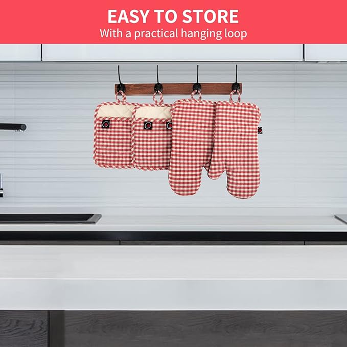 Oven Mitts and PotHolders Sets, 4 Pcs Kitchen Oven Glove High Heat Resistant 400°F Pot Holders for Kitchen, Non-Slip Neoprene Oven Mitts are Suitable for Cooking, Baking (Red Grid)
