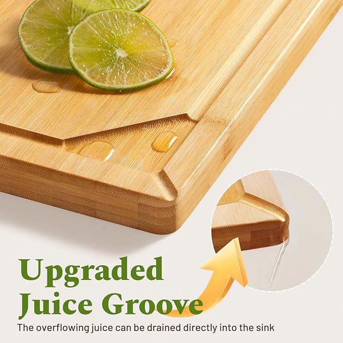 Kikcoin Over Sink Bamboo Cutting Boards for Kitchen - 3+1 Piece Self-Draining Healthy Wood Cutting Board Set with Built in Handle& Spout, Charcuterie& Meat Extra Large Butcher Chopping Boards, Natural