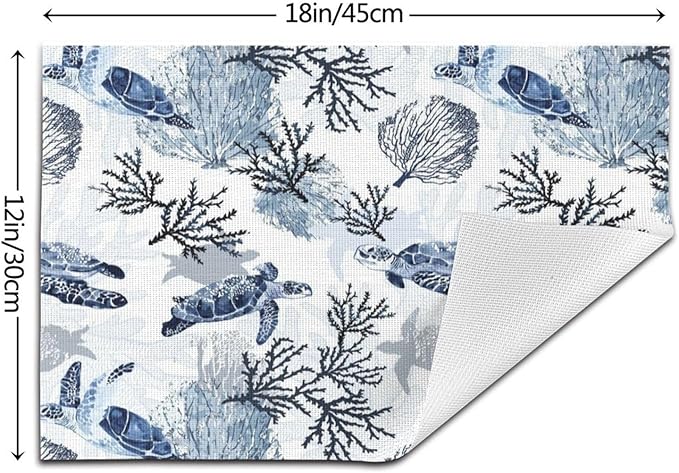 Ocean Themed Linen Placemats Set of 4, Blue White Turtle Coral Heat-Resistant Washable Non-Slip Place Mats for Kitchen Dining Table, Gift for Navy Beach Sea Life Lovers, Kitchen Home Decor Essential