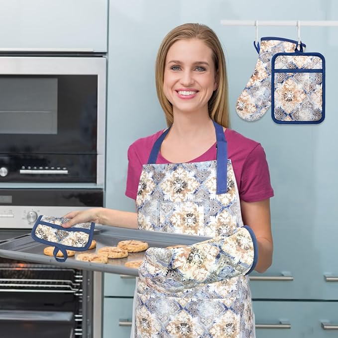 Oven Mitts and Pot Holders with Cooking Apron Set of 5, Heat Resistant Kitchen Gloves and Silicone Non-Slip Potholders, Adjustable Neck Buckle Chef Apron, Cotton Nice Design for Cooking (Blue Retro)