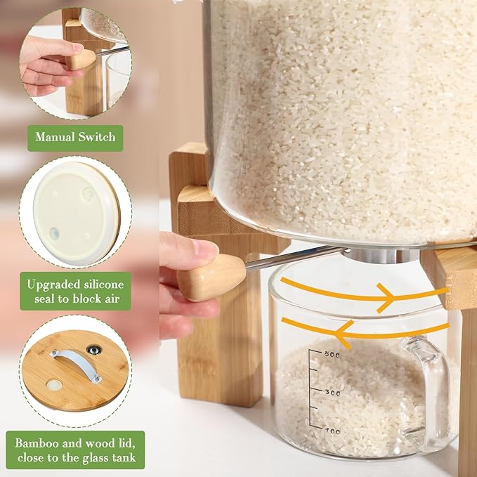Zhehao 2 Pcs 5L Glass Rice Dispenser Rice Storage Container Flour Cereal Dispenser Container Holder with Wooden Stand Airtight Bamboo Lid and Measuring Cup for Pantry Sugar Coffee Beans Kitchen Food
