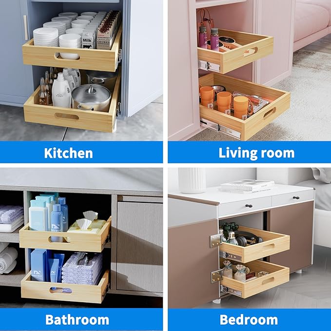 Pull Out Cabinet Organizer Upgrade, 15” W x 21” D Soft Close Slide Out Wood Drawer Storage Shelves for Kitchen, Base Cabinet Organization for Pantry, Finished, Heavy-Duty, Bottom & Side Assembly