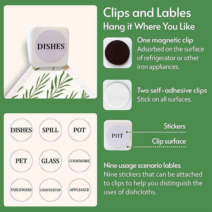 Eulnars Swedish Dishcloths for Kitchen, 8 Pack Green Reusable Paper Towels with Clips, Non-Scratch Swedish Kitchen Towels, Super Absorbent Cellulose Sponge Cloths, Dishwasher Safe, No Odor