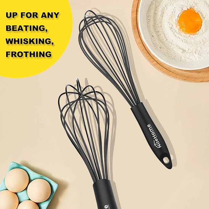 NileHome Silicone Whisk Set 8" 10" 12" Kitchen Whisk Kitchen Wisk Wire Whisks for Cooking, Whisking, Blending, Beating, Stirring-Black 3 Pack
