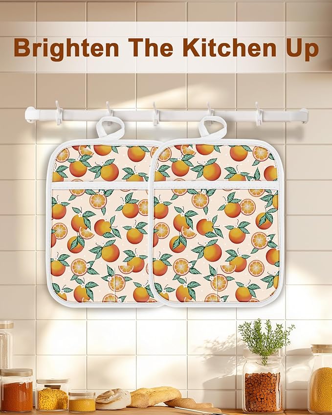Swooflia 100% Cotton Pot Holders 2 Pack Set for Kitchen with Pockets - Cute 440°F Heat Resistant Oven Hot Pads Heavy Duty for Countertop Home Cooking Baking Microwave BBQ Orange