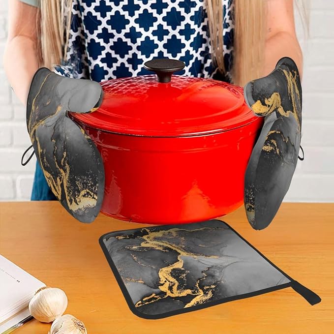 Black Gray Gold Marble Oven Mitts and Pot Holders Set Heat Resistant Abstract Modern Oven Gloves for BBQ Baking Grilling Cooking Kitchen Decor 3 Piece