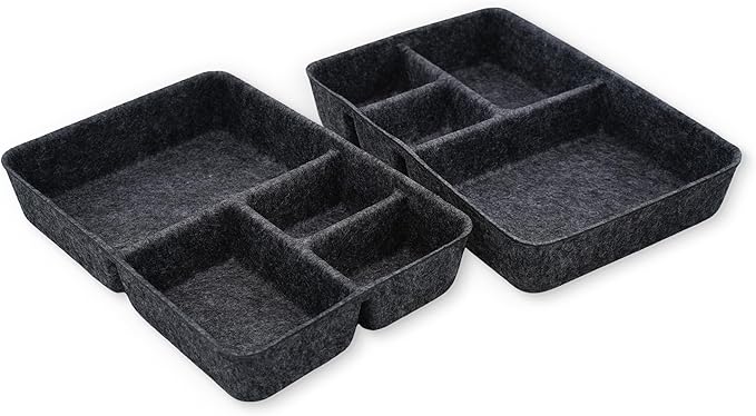 Welaxy 2-piece Junk Drawer Organizer bin 4 Compartments Office home dorm 2 dividers Felt Trays Drawers Multi-Purpose Storage (Charcoal x 2)