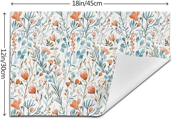 Boho Teal Orange Floral Linen Placemats Set of 4, 12x18 Inch Burnt Orange and Blue Watercolor Flower Table Mats, Non-Slip Heat Resistant Dining Mats for Kitchen Party Wedding, Spring Easter Home Decor