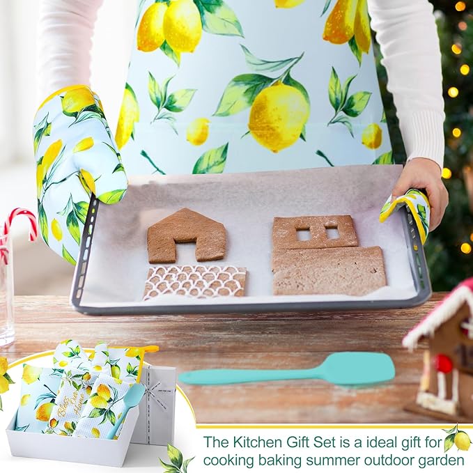 Hoolerry 6 Pcs Lemon Kitchen Accessories for Women Lemon Apron Dish Towels Oven Mitts and Pot Holders with Spatula for Women Wife Grandma Cooking Baking Gifts