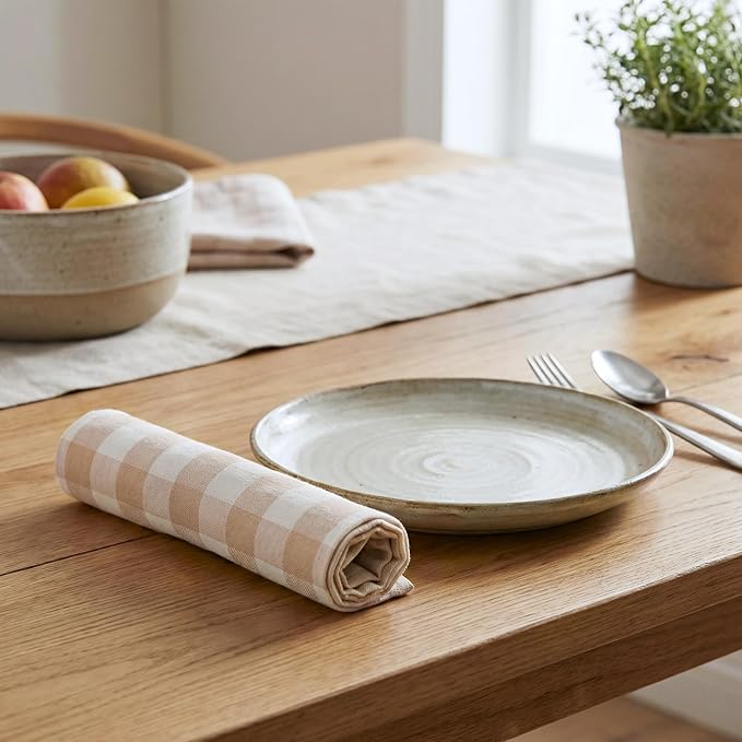 Cloth Napkins Set of 12, 100% Cotton Reusable Gingham Printed Dinner Napkins, 18x18 Inch Washable Table & Kitchen Napkins for Home, Dining, Entertaining – Beige & Sand