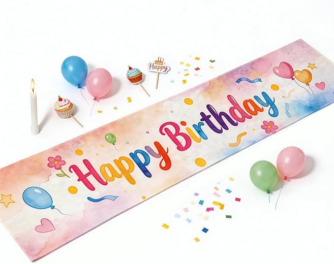 Happy Birthday Table Runner 13x72 Inch Farmhouse Polyester Linen Table Decoration for Kitchen Dinning, Indoor Outdoor Home Dinner Party (Multicolour 1)