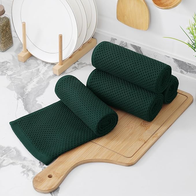 Kitinjoy 100% Cotton Waffle Weave Kitchen Hand Towels (13 X 28 Inches, Blackish Green), 12-Pack Super Soft and Absorbent Dish Towel for Drying Dishes