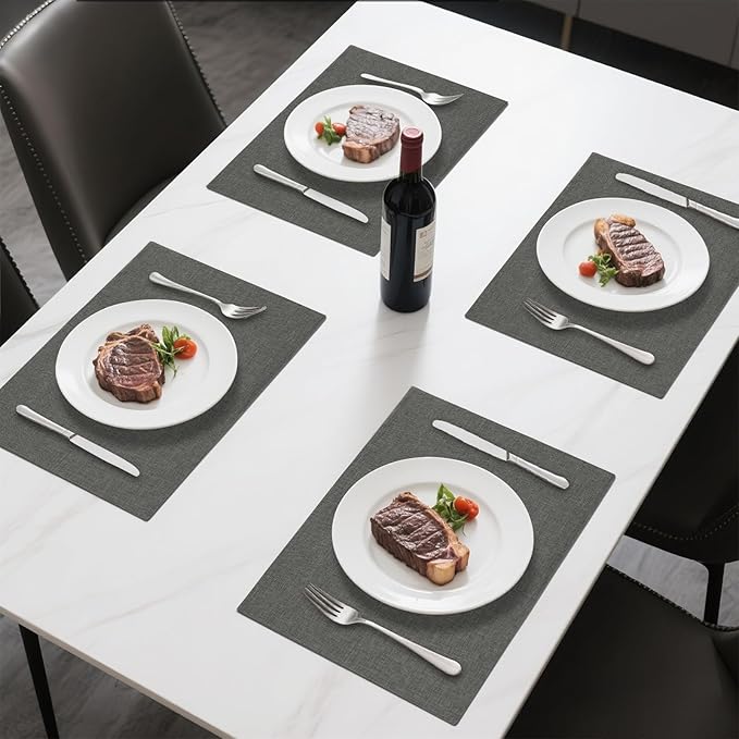 Linen Cloth Double Layers Placemats, Cotton Woven Placemats Set of 6, Kitchen Table Farmhouse Decor Heat Resistant Table Mats, Outdoor Indoor Square Fabric Place Mats Can be Washable (Dark Gray)