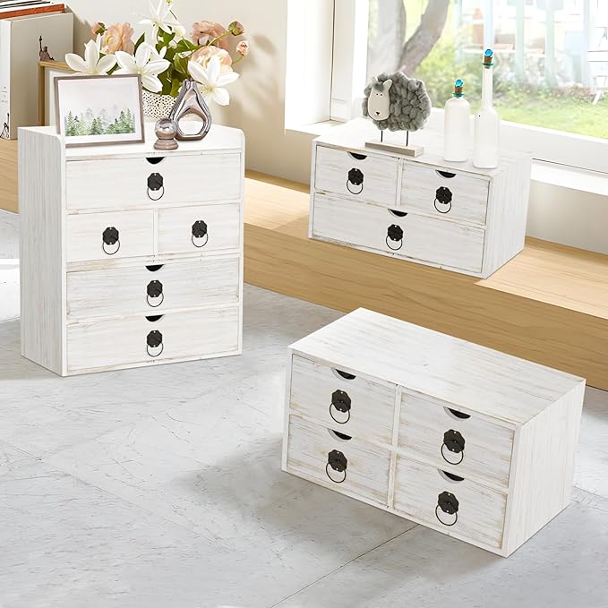 Wood Desk Organizer with Drawer, White Wooden Desktop Organizer, Tabletop Storage Organization Box for Countertop, Home Office Supplies (3 Drawer)