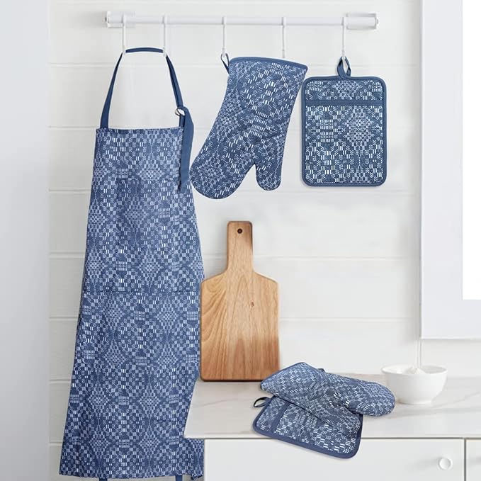 Oven Mitts and Pot Holders with Cooking Apron Set of 5, Heat Resistant Kitchen Gloves and Silicone Non-Slip Potholders (Dusty Blue)