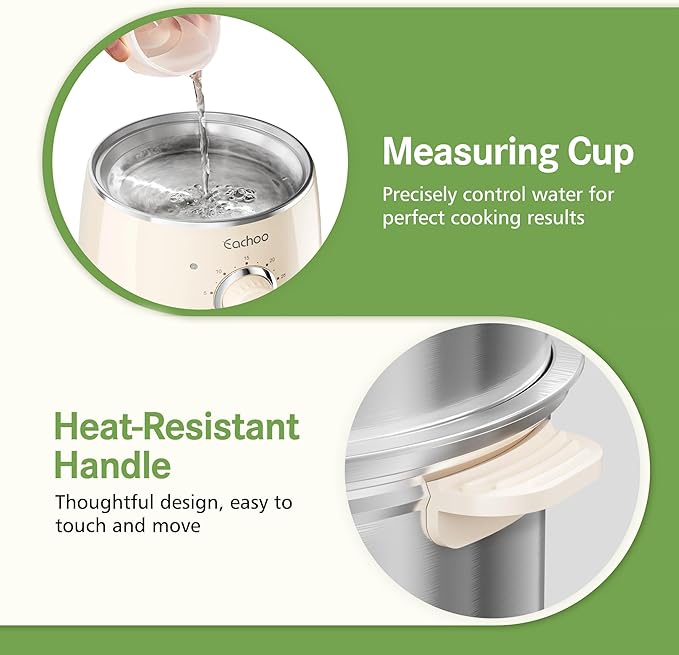 Hard Boiled Egg Cooker - CACHOO 14-Egg Rapid Stainless Steel Egg Boiler with 30-Min Timer & Auto Shut Off, Compact Electric Vegetable Steamer for Cooking, Dishwasher Safe, Beige
