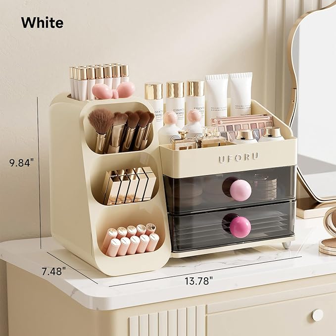 Makeup Organizer for Vanity with Brush Holder, Large Plastic Bathroom Countertop Skincare Organizer with 2 Drawers, Spacious Cosmetic Display Case for Perfumes, Eyeshadow Palettes, Nail Polishes