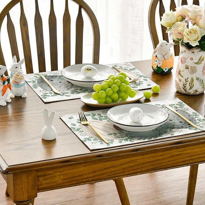 Artoid Mode Eucalyptus Eggs Easter Placemats Set of 4, 12x18 Inch Spring Seasonal Table Mats for Party Kitchen Dining Decoration