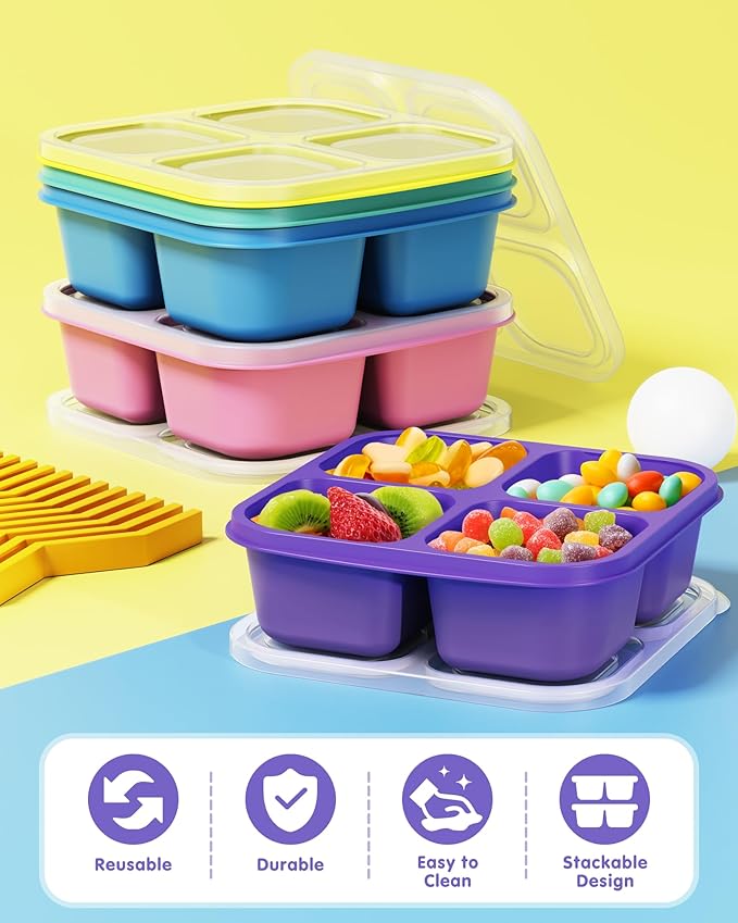 Canfanni 5 Pcs Bento Snack Containers, Reusable 4 Compartment Divided Food Storage Containers, Divided Lunchable Container for School, Work and Travel (Transparent Lids)