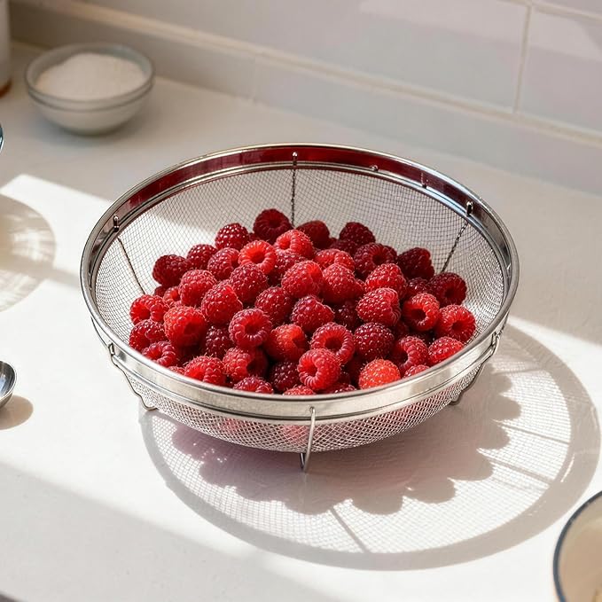 Fine Mesh Strainer for Kitchen, Stainless Steel Colander Bowl for Pasta, Rice, Fruit, Metal Net Baskets with Resting Base - Strain, Drain, Rinse (Diameter 11.02 inch)