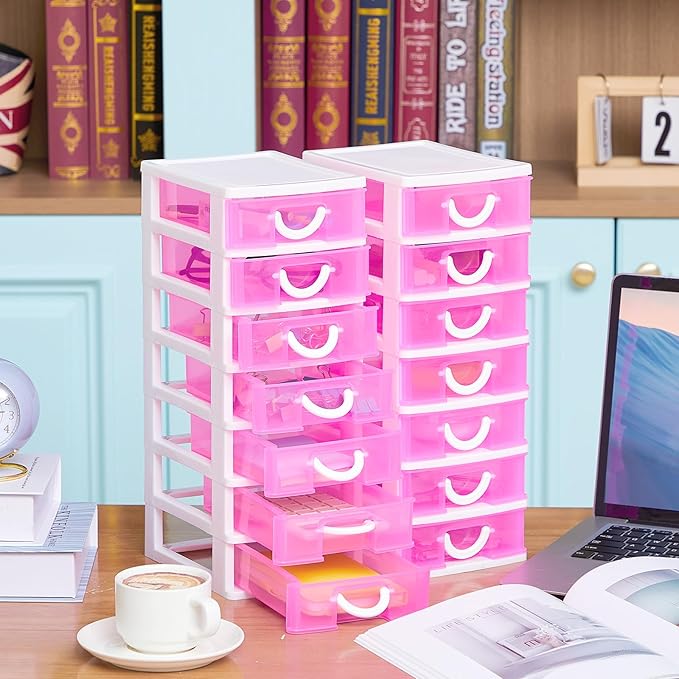 Thyle 2 Pcs Plastic Drawers Organizer Mini Organizer Stackable Plastic Clear Drawer Storage Box Containers Storage Units for Desktop Classroom Craft 6.7 x 4.9 x 13.4 inches(Rose Red)