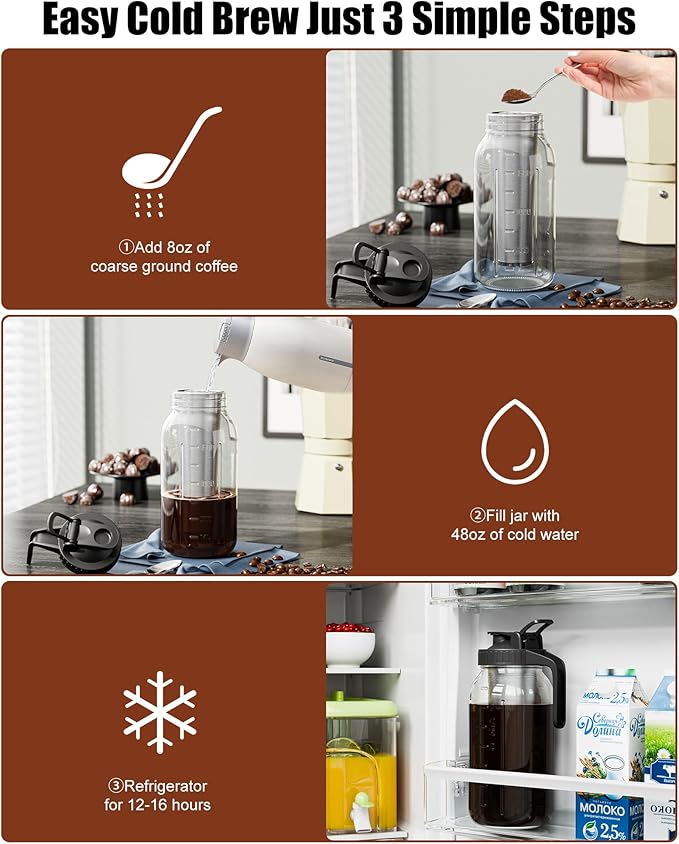 2-Pack Cold Brew Coffee Maker - 64oz Mason Jar Pitcher with Stainless Steel Filter, Spout Lid for Iced Coffee, Tea, Lemonade & Fruit Drinks