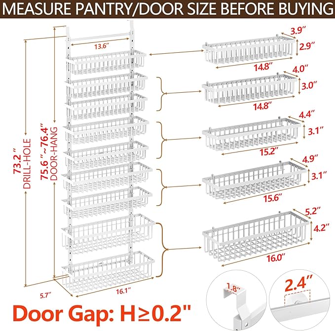 POKIPO 9 Tier Over The Door Pantry Organizer, 2 in 1 Wall Mount or Hanging Spice Rack with Adjustable Basket, Seasoning Organizer and Storage for Kitchen Cabinet Closet Bathroom