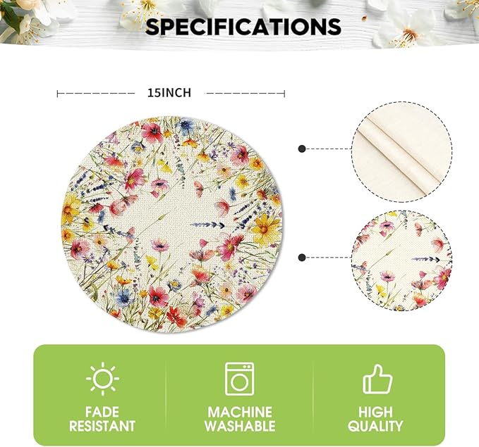 Artoid Mode Daisy Lavender Floral Leaves Spring Round Placemats Set of 4,14 Inch Seasonal Spring Table Mats for Party Kitchen Dining Decoration