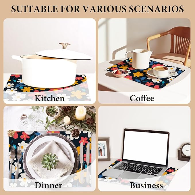 Cotton Linen Waterproof Placemats Set of 4, Wildflower Dining Mat Table Mats Decor Fabric for Kitchen Dinner Coffee Shop Table, Indoor/Outdoor Washable Wipeable Placemat -N035