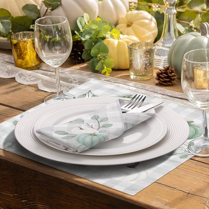 Funnymoom 24 Pcs Thanksgiving Blue White Pumpkin Cloth Napkins Pumpkin Eucalyptus Leaves Reusable Napkins 2 Styles Dinner Soft Absorbent Cloth for Fall Autumn Thanksgiving Party Favors
