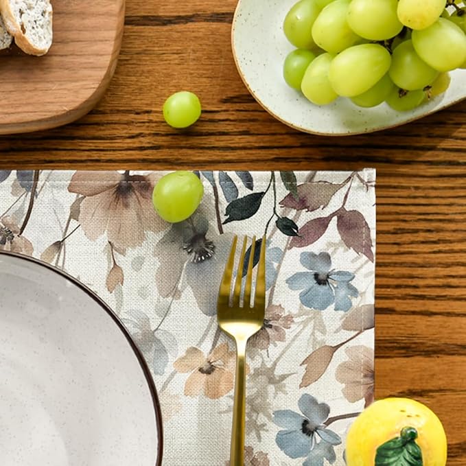 Artoid Mode Brown Poppy Flowers Floral Blossom Summer Placemats Set of 4,12x18 Inch Seasonal Fall Table Mats for Party Kitchen Dining Decoration