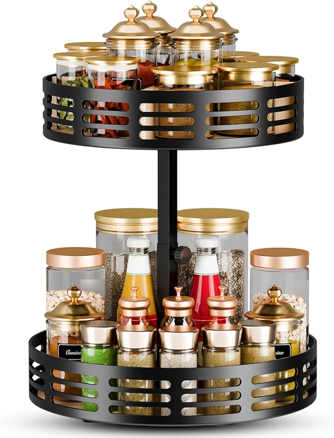 2 Tier Lazy Susan Organizer - 360ยฐ Rotating Spice Rack, Adjustable Industrial Spinning Spice Holder, Versatile Countertop Organizer for Cabinet, Pantry, Kitchen, Dining Table, Bathroom and Vanity