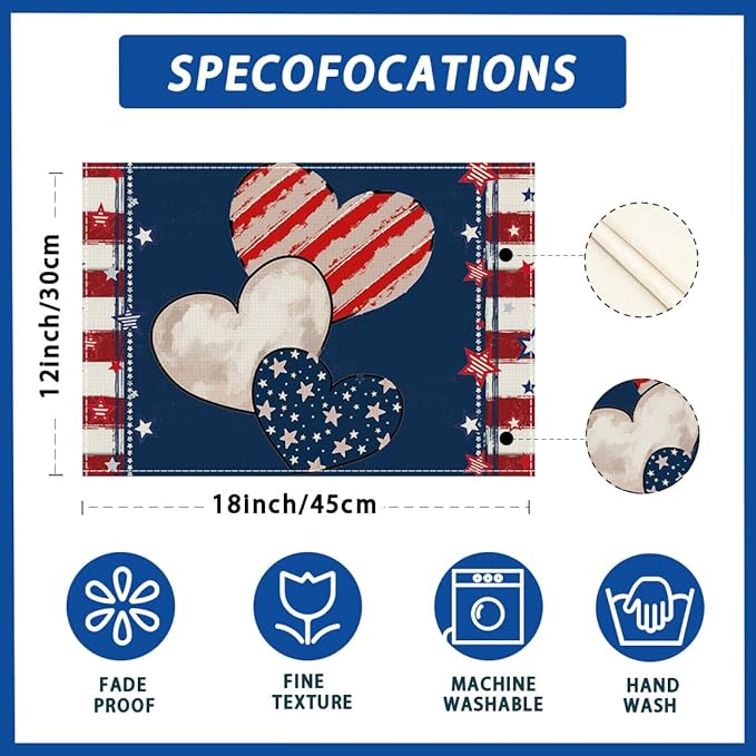 Heart Stripe Stars 4th of July Placemats Set of 6 12x18 Inch Patriotic America Memorial Day Independence Day Table Decorations Cloth Table Mats