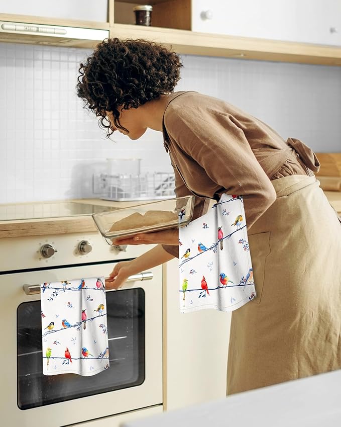 Miss Adola Flour Sack Kitchen Towels Set of 2-18x26 Cotton Dish Towels with Hanging Loop Reusable Tea Towel for Cleaning Spring Absorbent Dishcloths Cute Home Decor Housewarming, Watercolor Bird