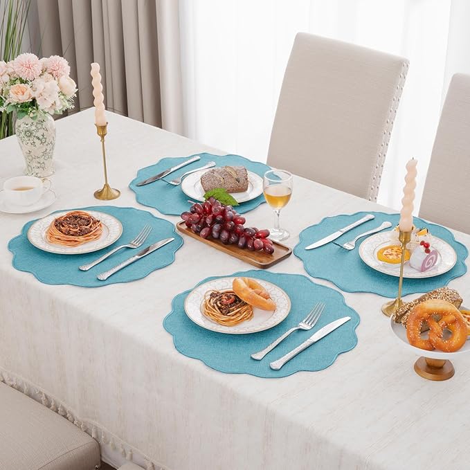 SHACOS Scalloped Round Placemats Set of 6 Polyester Linen Blend 15 inch Washable Non Slip Place Mats Easy Clean Heat Resistant Table Mats for Kitchen Dining Table Decor, Blue Green