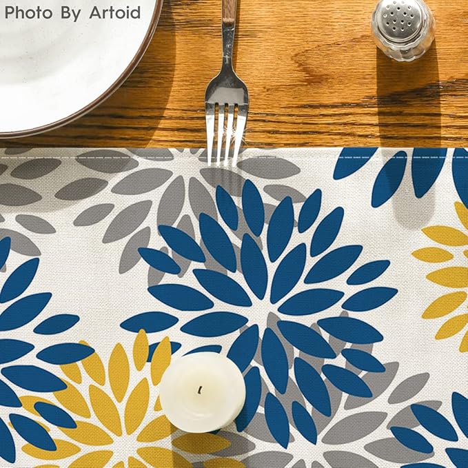 Artoid Mode Blue Dahlia Floral Pinnata Summer Table Runner, Spring Kitchen Dining Table Decoration for Home Party Decor 13x36 Inch