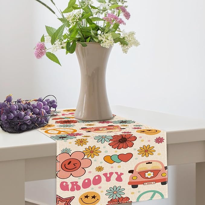 Groovy Hippie Daisy Flower Dining Table Runner, Vintage Bus Floral Peace and Love Burlap Kitchen Decoration, Retro Smiling Face Indoor Outdoor Home Decor Party Supply 13 x 36 Inches